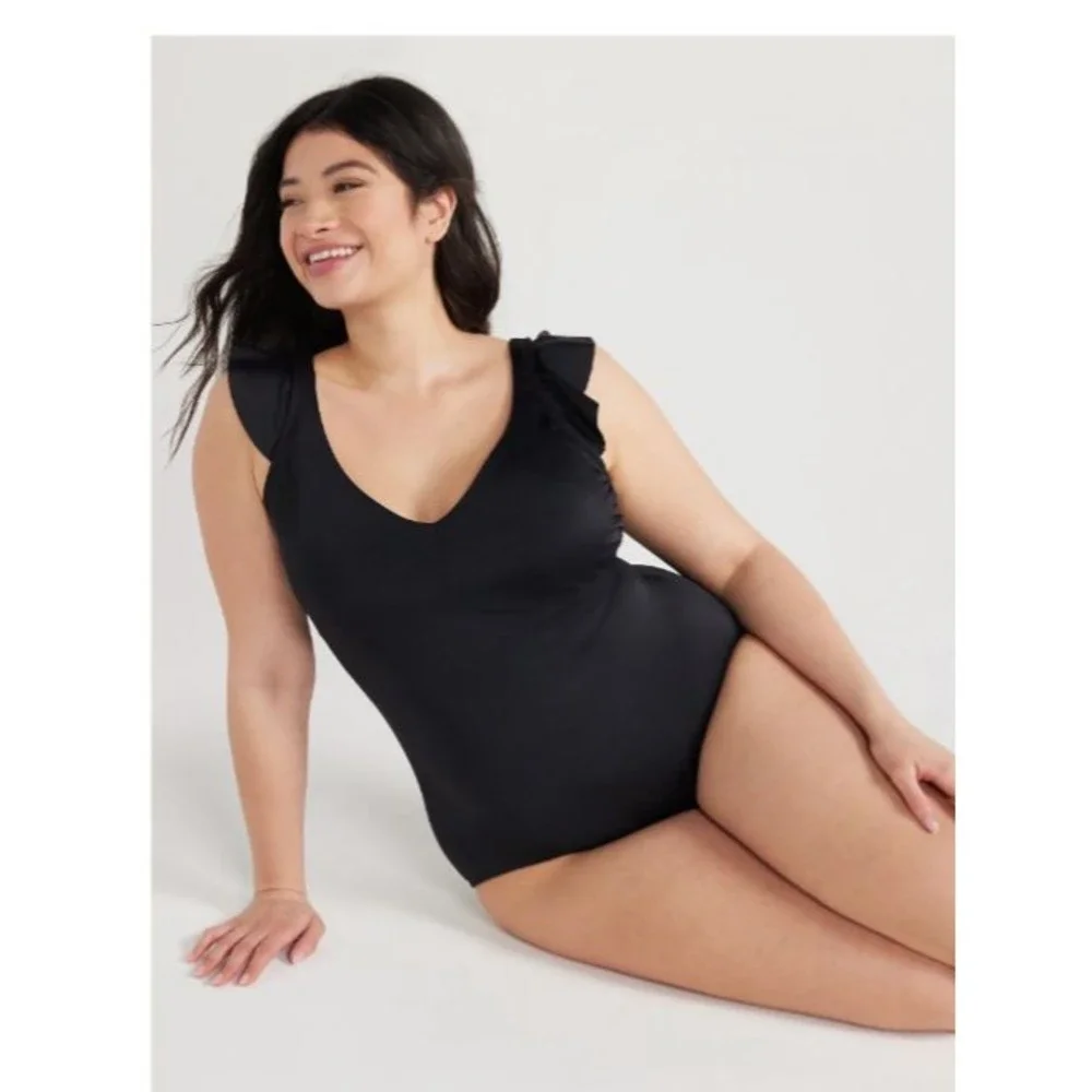 NWT Time and Tru Black Ruffle One Piece Fashion swimsuit bathing suit new pool